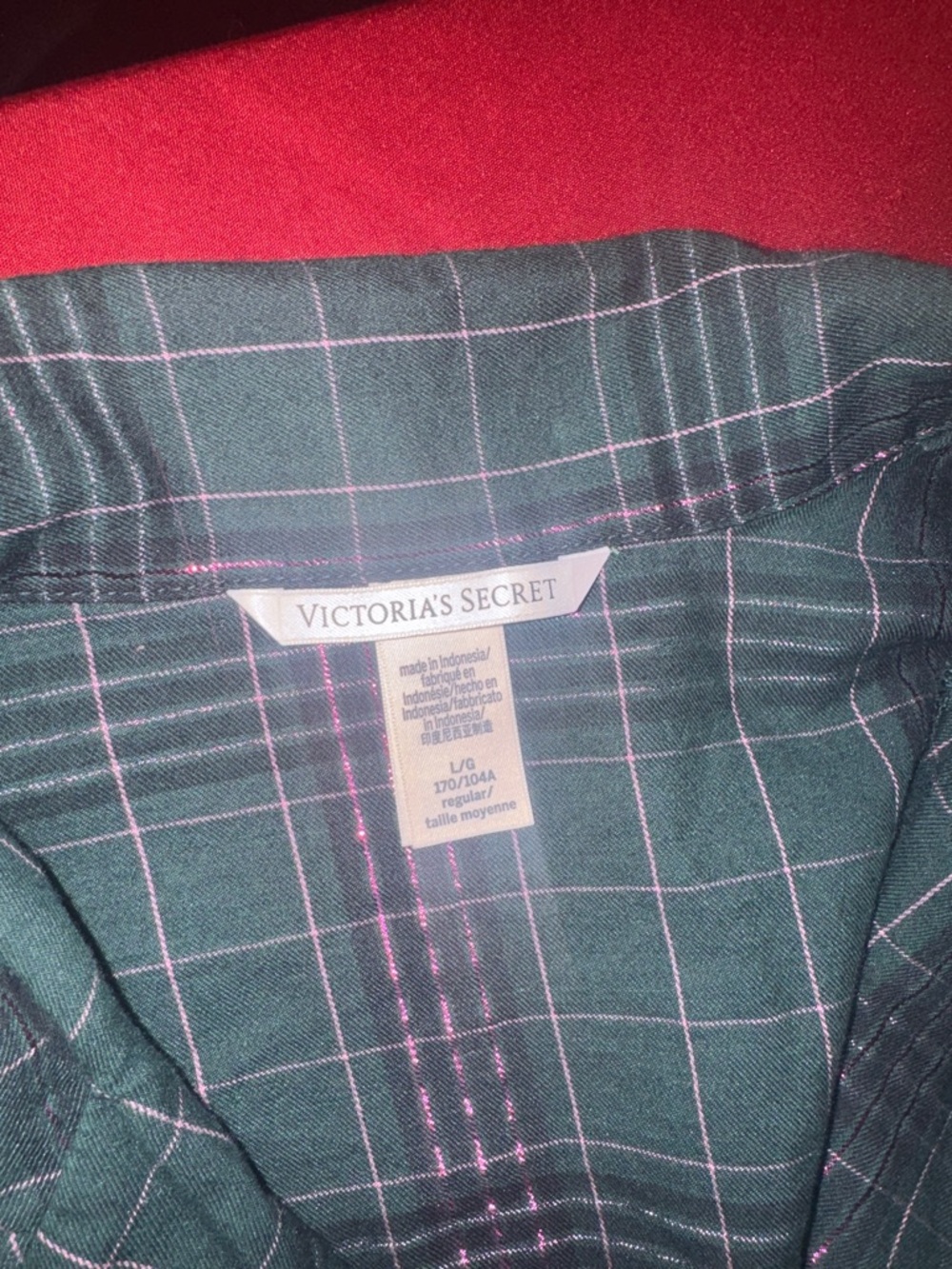 Victoria's Secret Dark Green Plaid Pajama Set with Pink Trim - Picture 2 of 6